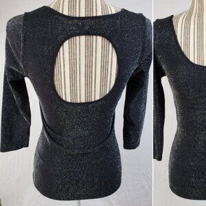 BEBE Blouse Top Black Metallic Shimmer Back Cutout Stretch size M/L Y2K Evening